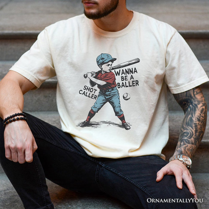 Baseball Retro T-Shirt Wanna Be a Baller, Vintage White and Natural Tee T-Shirts OrnamentallyYou