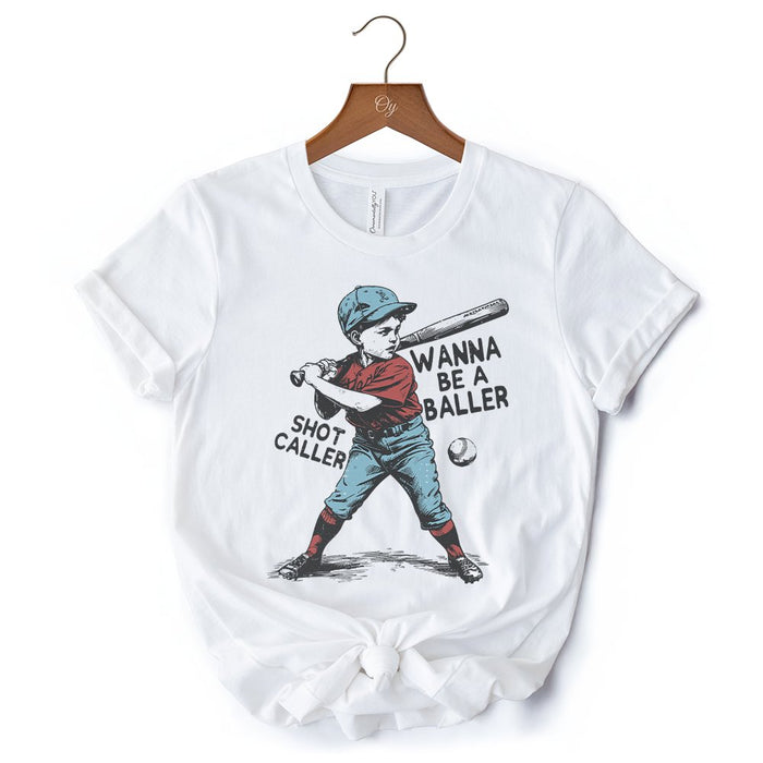 Baseball Retro T-Shirt Wanna Be a Baller, Vintage White and Natural Tee T-Shirts OrnamentallyYou