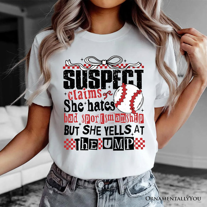 Baseball Suspect Claims Fun T-Shirt, Retro White and Natural Tee With Coquette Bow T-Shirts OrnamentallyYou