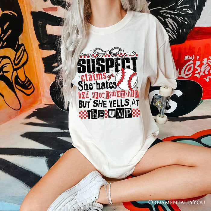 Baseball Suspect Claims Fun T-Shirt, Retro White and Natural Tee With Coquette Bow T-Shirts OrnamentallyYou