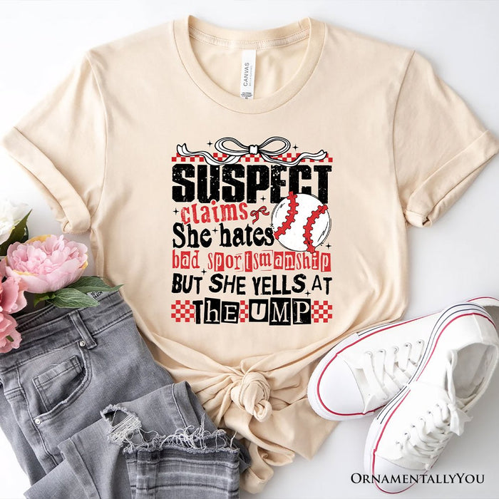 Baseball Suspect Claims Fun T-Shirt, Retro White and Natural Tee With Coquette Bow T-Shirts OrnamentallyYou Natural XS