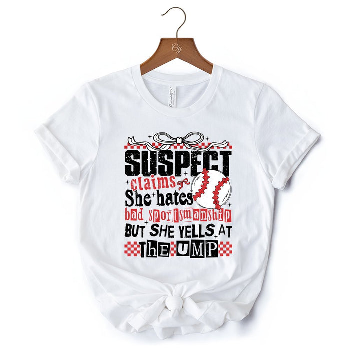 Baseball Suspect Claims Fun T-Shirt, Retro White and Natural Tee With Coquette Bow T-Shirts OrnamentallyYou