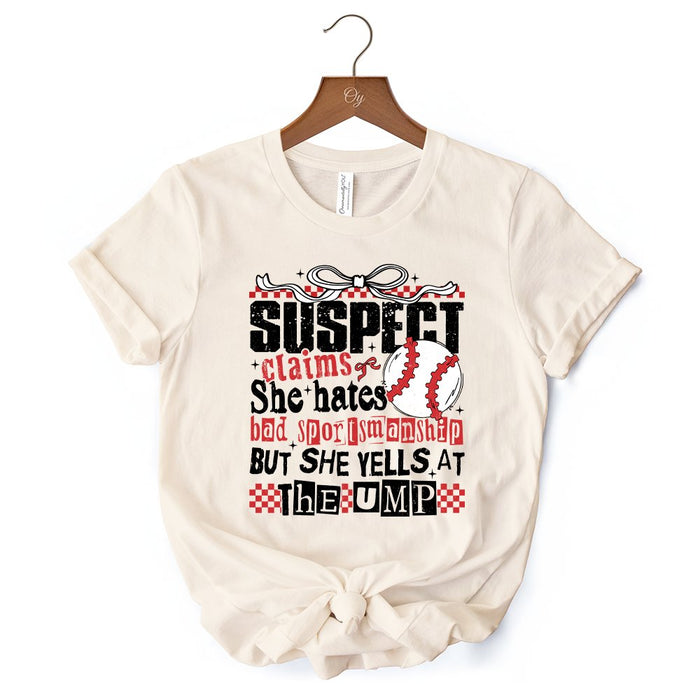 Baseball Suspect Claims Fun T-Shirt, Retro White and Natural Tee With Coquette Bow T-Shirts OrnamentallyYou