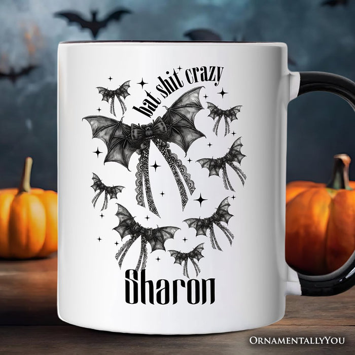 Bat Shit Crazy Coquette Bats Personalized Mug, Funny Halloween Gift with Custom Name Personalized Ceramic Mug OrnamentallyYou White - Black Customized
