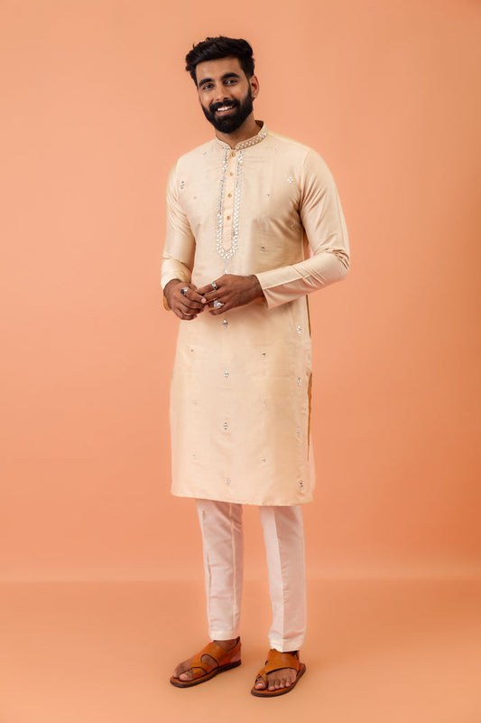 Beige Cotton Blend Mirror Work Kurta Trouser