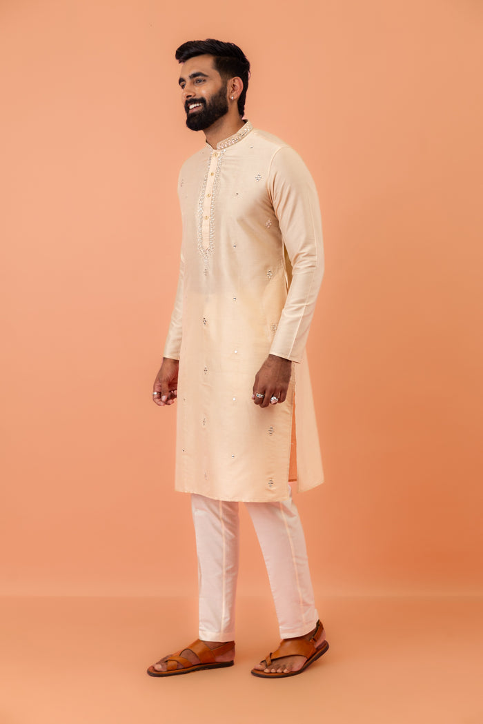 Beige Cotton Blend Mirror Work Kurta Trouser