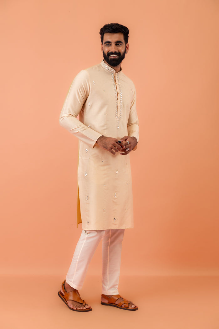 Beige Cotton Blend Mirror Work Kurta Trouser