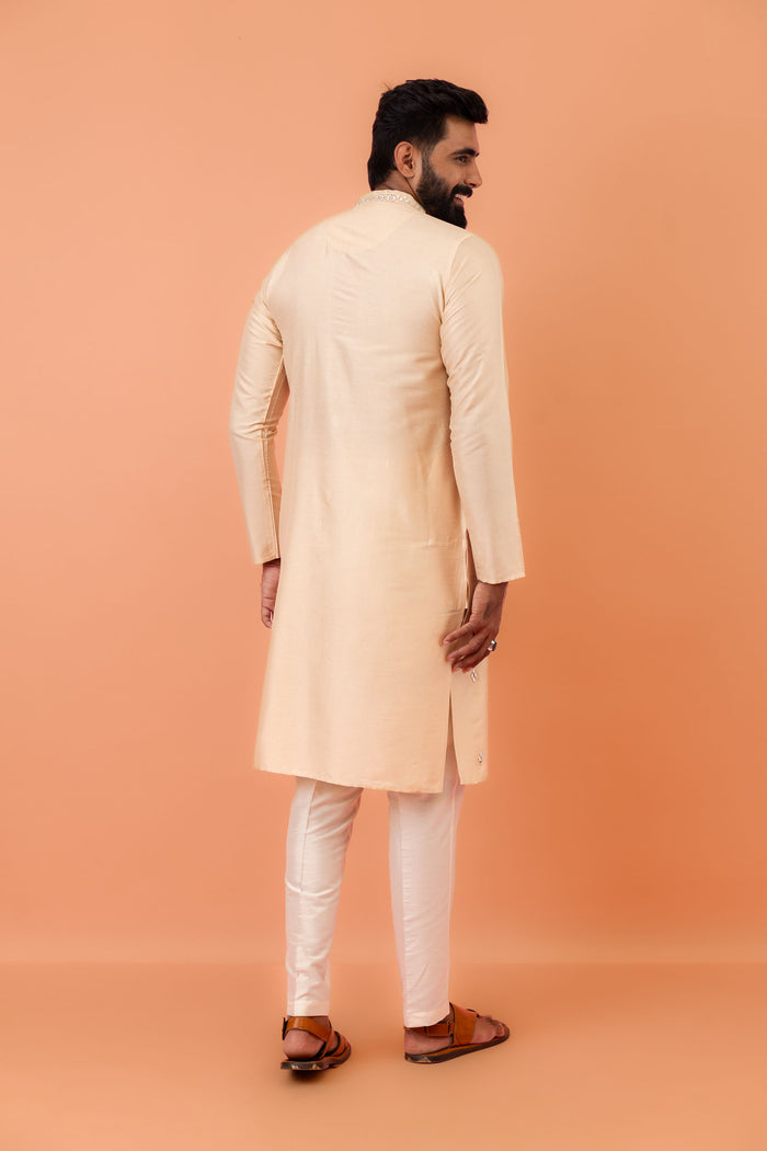 Beige Cotton Blend Mirror Work Kurta Trouser