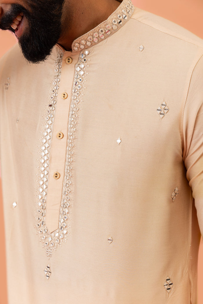 Beige Cotton Blend Mirror Work Kurta Trouser