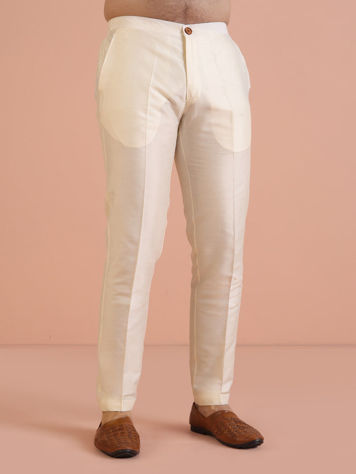 Beige Cotton Blend Mirror Work Kurta Trouser