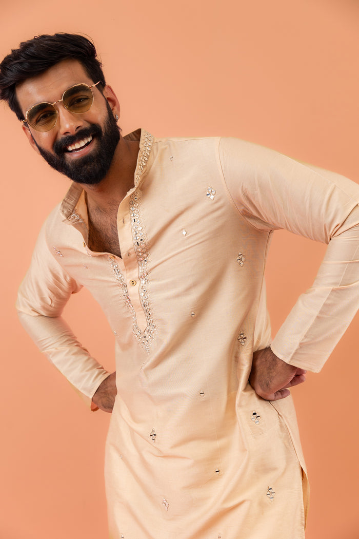 Beige Cotton Blend Mirror Work Kurta Trouser