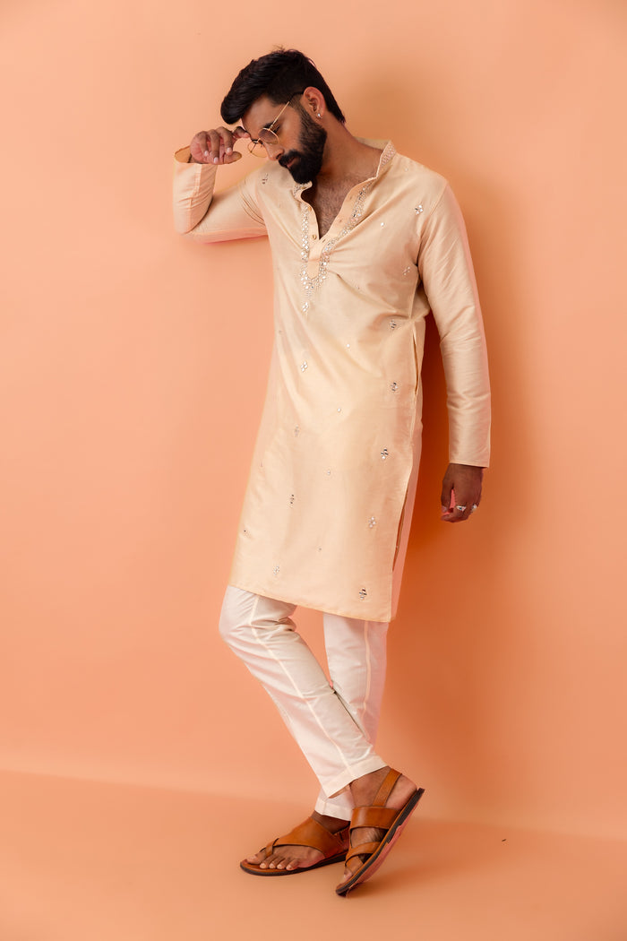 Beige Cotton Blend Mirror Work Kurta Trouser