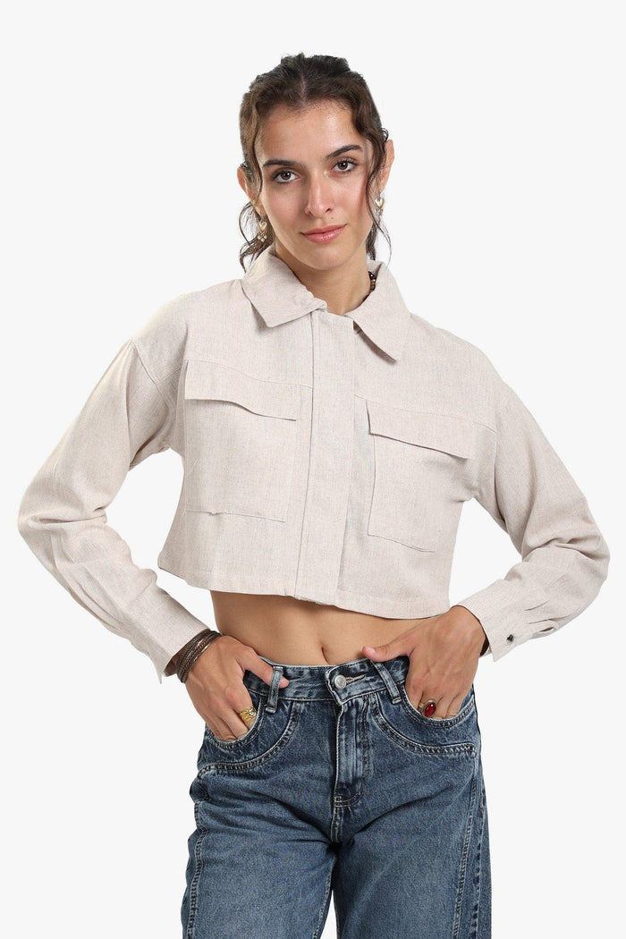 Beige Linen Cropped Shirt