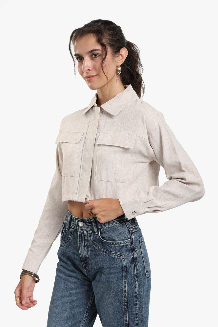 Beige Linen Cropped Shirt