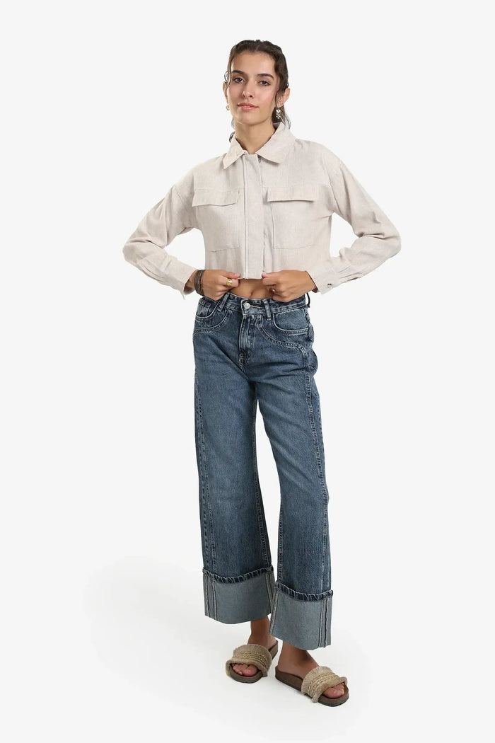 Beige Linen Cropped Shirt