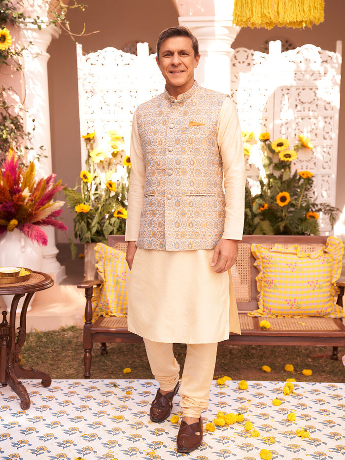 Beige Silk Blend Textured Nehru Jacket Kurta Churidar