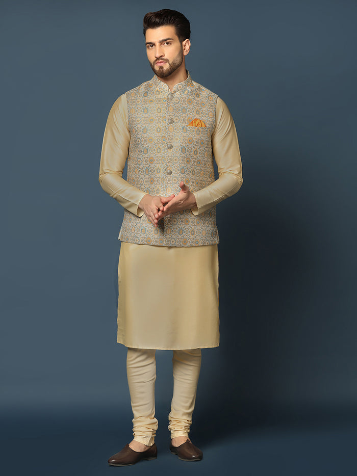 Beige Silk Blend Textured Nehru Jacket Kurta Churidar