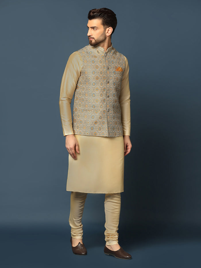 Beige Silk Blend Textured Nehru Jacket Kurta Churidar