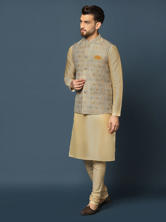 Beige Silk Blend Textured Nehru Jacket Kurta Churidar