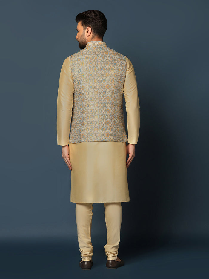 Beige Silk Blend Textured Nehru Jacket Kurta Churidar