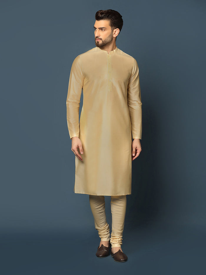 Beige Silk Blend Textured Nehru Jacket Kurta Churidar