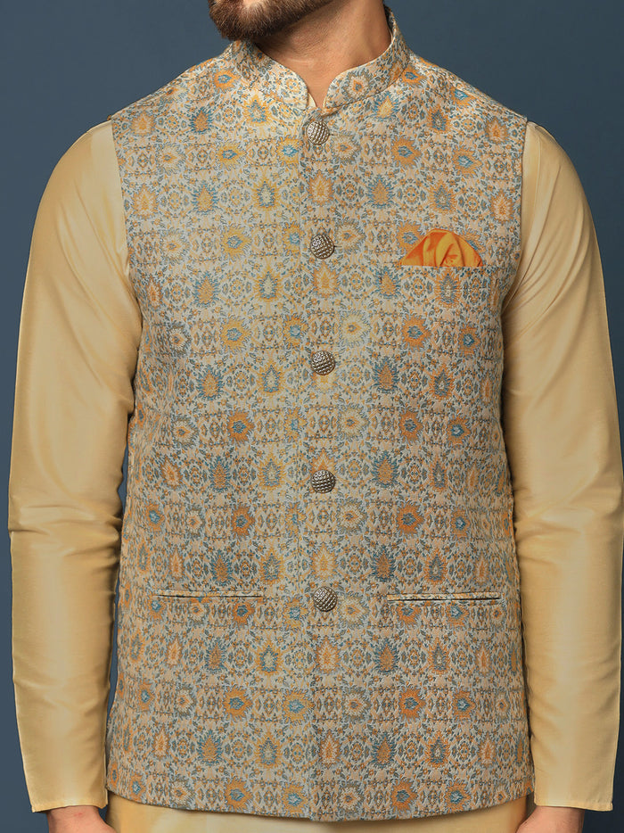 Beige Silk Blend Textured Nehru Jacket Kurta Churidar