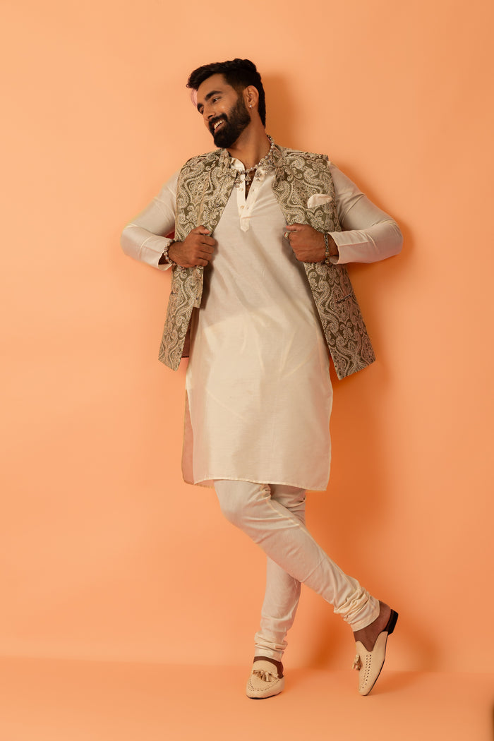Beige Silk Embroidered Nehru Jacket Bundi