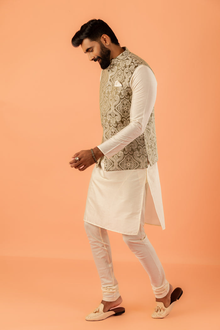 Beige Silk Embroidered Nehru Jacket Bundi