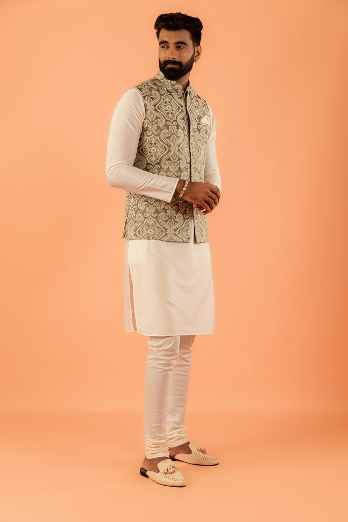 Beige Silk Embroidered Nehru Jacket Bundi