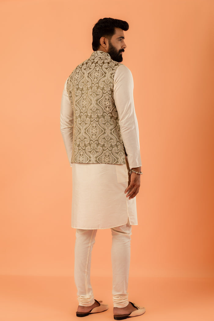 Beige Silk Embroidered Nehru Jacket Bundi