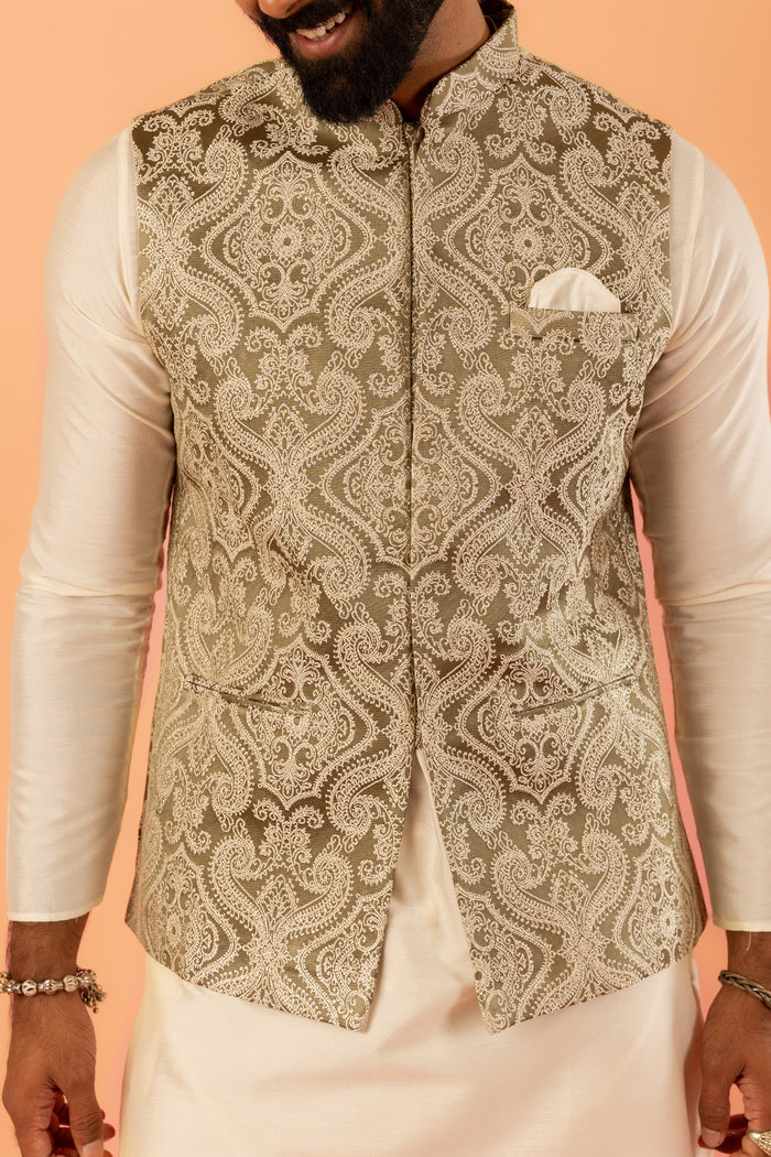 Beige Silk Embroidered Nehru Jacket Bundi