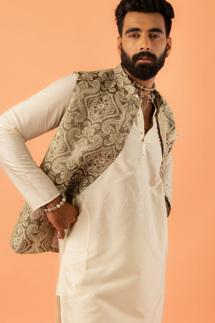 Beige Silk Embroidered Nehru Jacket Bundi