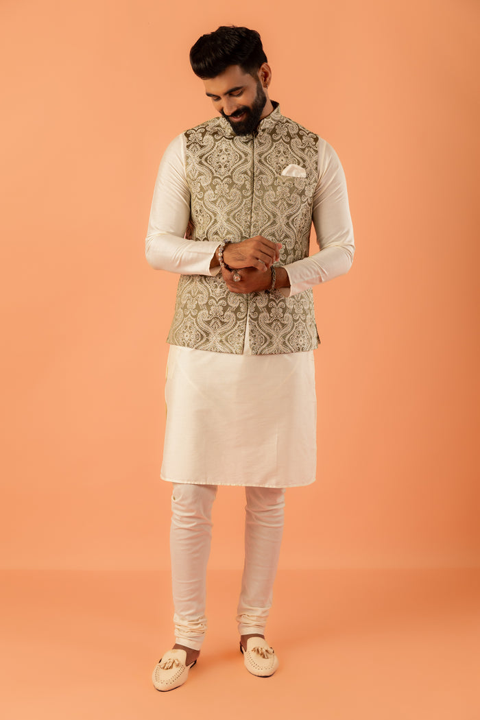 Beige Silk Embroidered Nehru Jacket Bundi