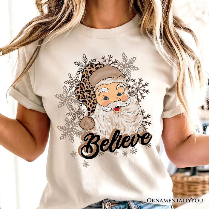 Believe Santa Cheetah Leopard T‑Shirt, Retro Christmas Tee T-Shirts OrnamentallyYou