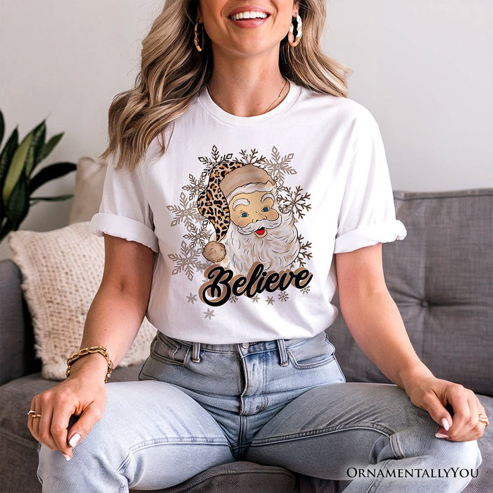 Believe Santa Cheetah Leopard T‑Shirt, Retro Christmas Tee T-Shirts OrnamentallyYou