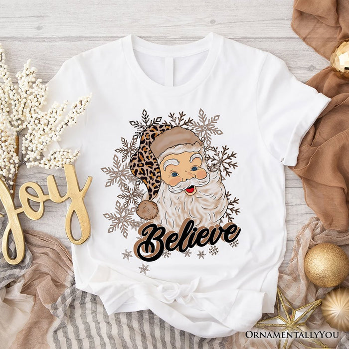 Believe Santa Cheetah Leopard T‑Shirt, Retro Christmas Tee T-Shirts OrnamentallyYou White XS