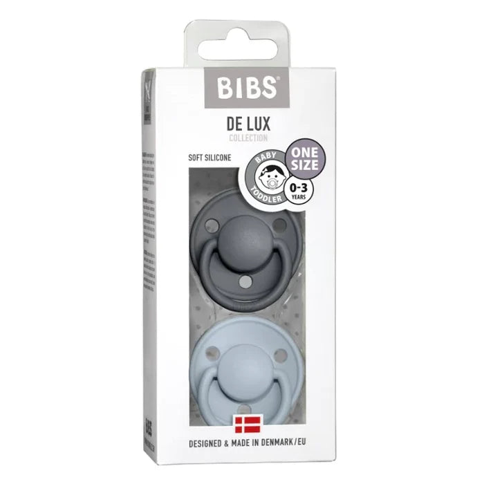 BIBS Round De Lux Silicone Dummies 2 Pack (ONE SIZE 0-3 Years)