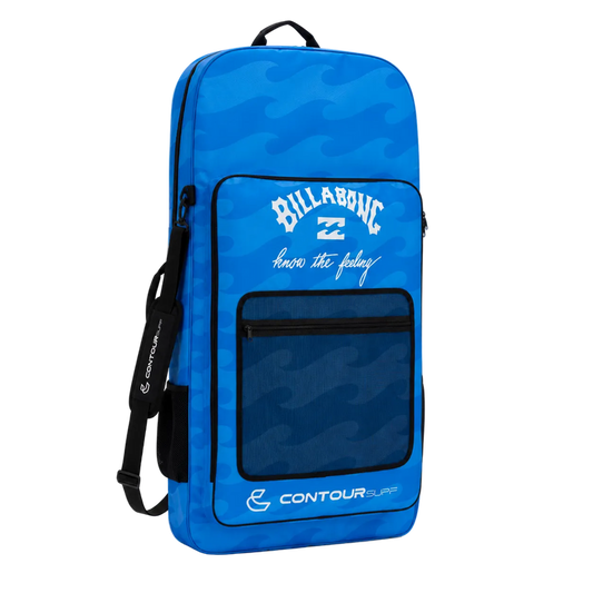 Blue backpack with Billabong branding on a white background