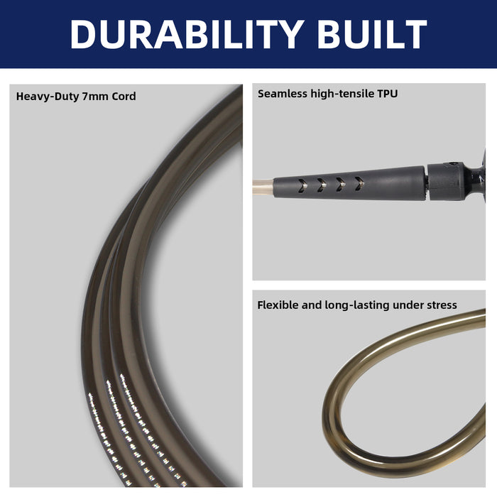 Cable durability features with text 'Heavy-Duty 7mm Cord', 'Seamless high-tensile TPU', and 'Flexible and long-lasting under stress' on a gray background.