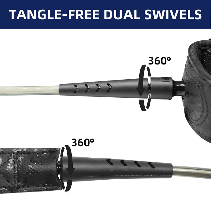 Fishing rod with tangle-free dual swivels labeled on a white background