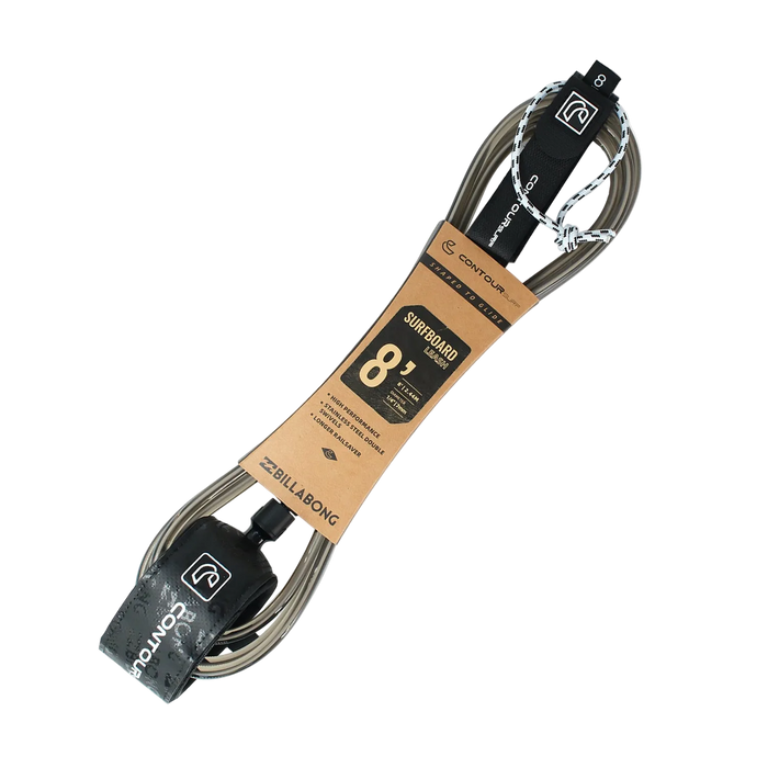 Surfboard leash with Billabong branding on a white background