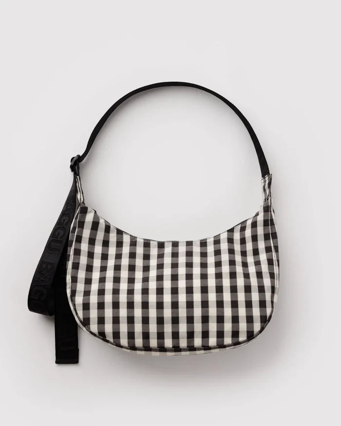 Black and Cream Gingham Medium Nylon Crescent Bag Baggu