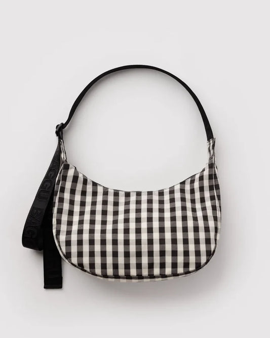 Black and Cream Gingham Medium Nylon Crescent Bag Baggu