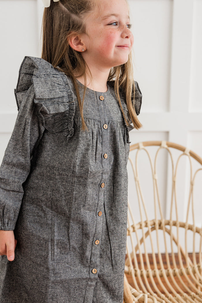 Black Chambray Long-Sleeve Ruffle Dress dress & diaper cover DRESS Yo Baby India