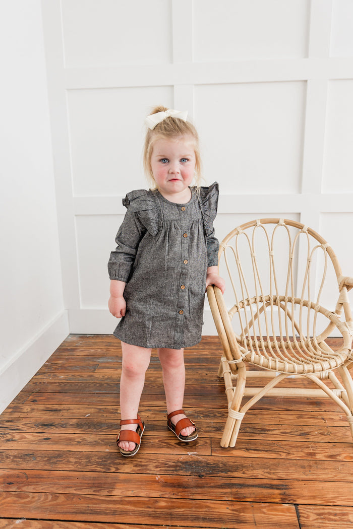 Black Chambray Long-Sleeve Ruffle Dress dress & diaper cover DRESS Yo Baby India