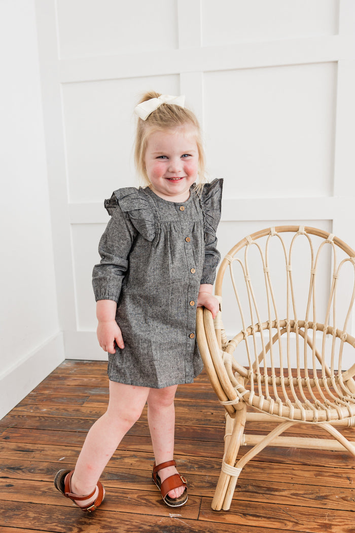 Black Chambray Long-Sleeve Ruffle Dress dress & diaper cover DRESS Yo Baby India