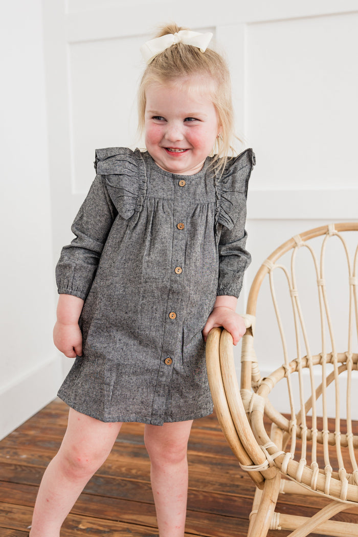 Black Chambray Long-Sleeve Ruffle Dress dress & diaper cover DRESS Yo Baby India