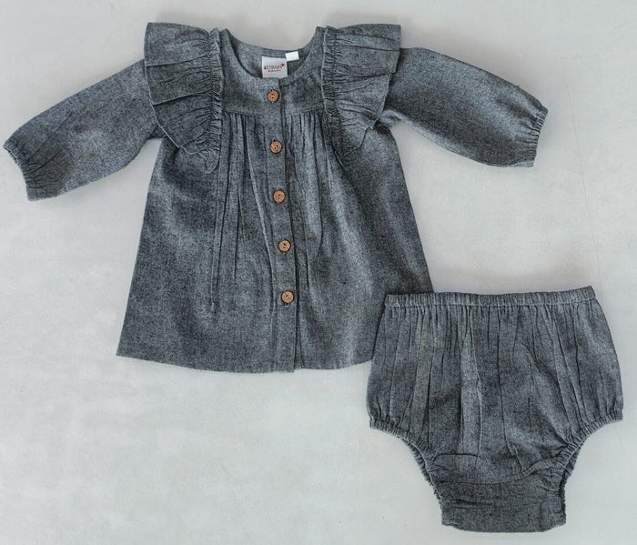 Black Chambray Long-Sleeve Ruffle Dress dress & diaper cover DRESS Yo Baby India