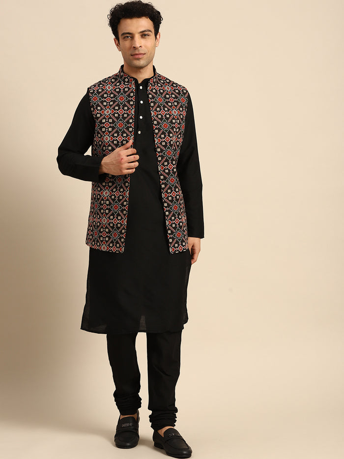 Black Cotton Silk Geometric Printed Nehru Jacket Kurta Churidar