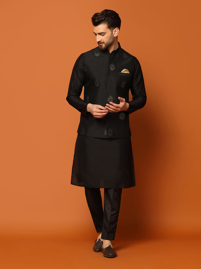 Black Embroidered Nehru Jacket Set with Kurta & Trouser